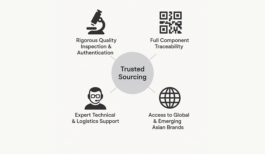 A central “Trusted Sourcing” circle surrounded by four icons: microscope (quality), QR code (traceability), GaN and SiC Semiconductors