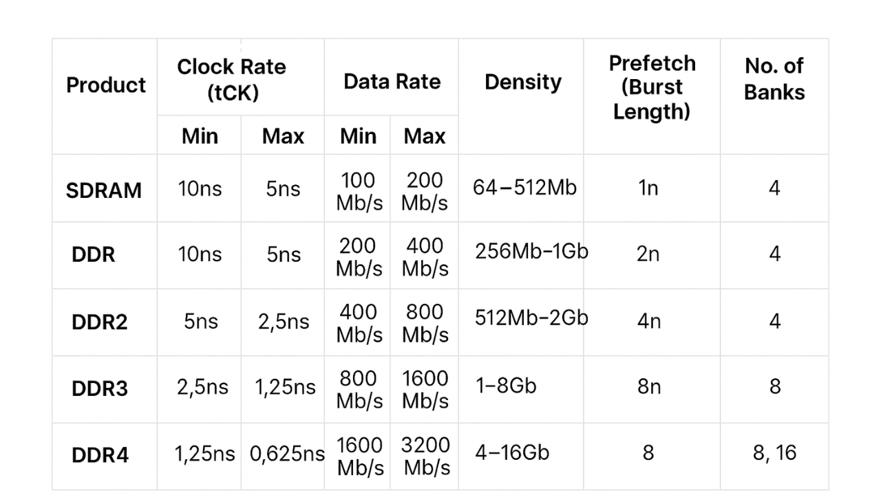Comparison of DDR, DDR2, DDR3,DDR4