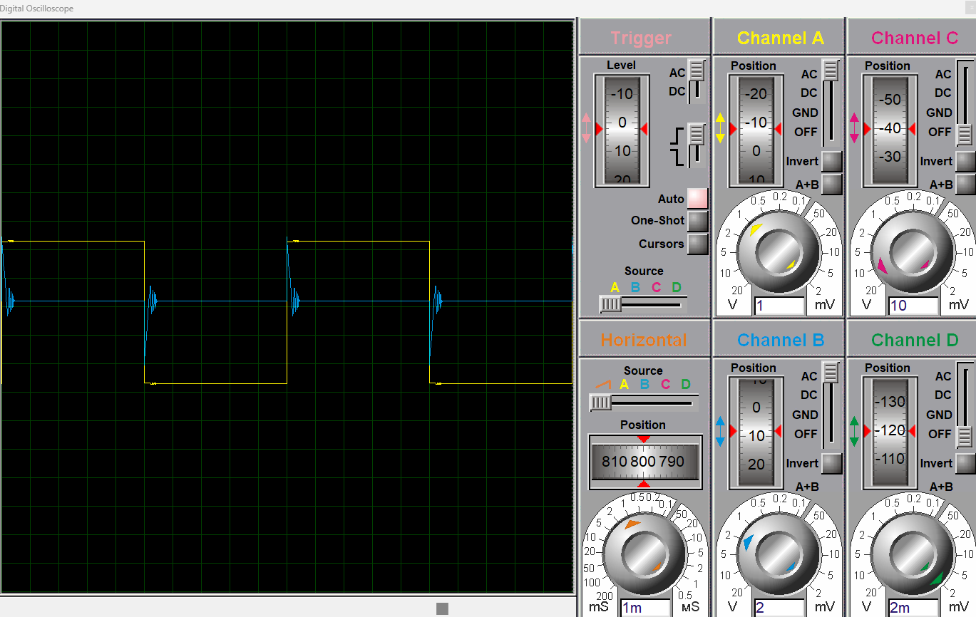 Output waveform of differentiator circuit with operational amplifier - sqaure wave input and output spikes 