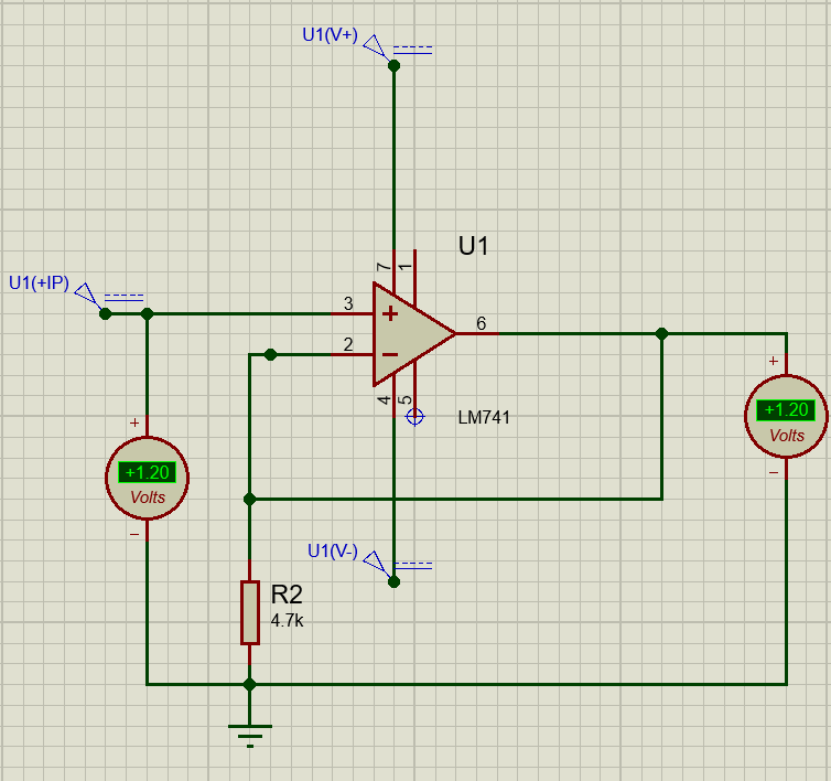 Unity gain or voltage follower circuit with output and input using LM741