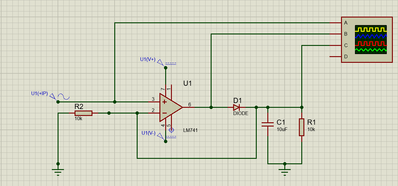 Peak detector circuit diagram using LM741 operational amplifier 