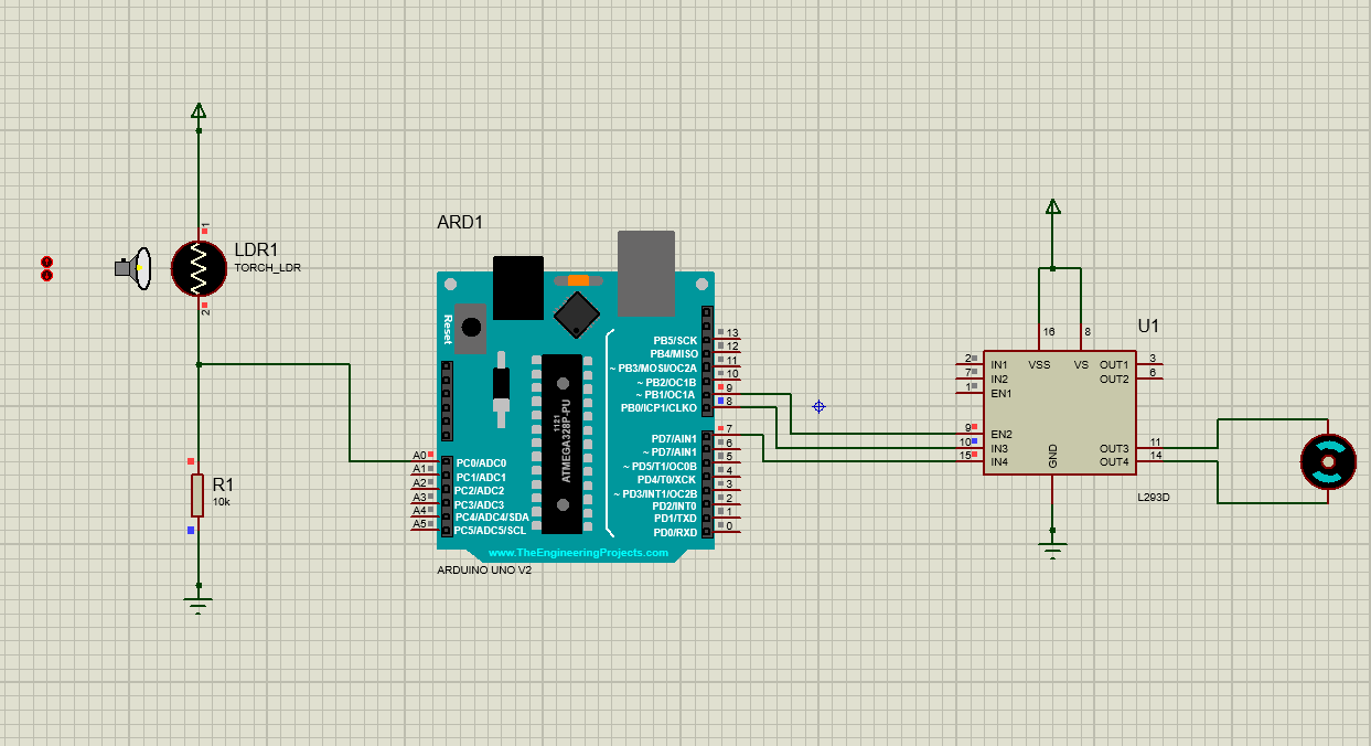 Automatic curtain opener circuit using L293D and LDR