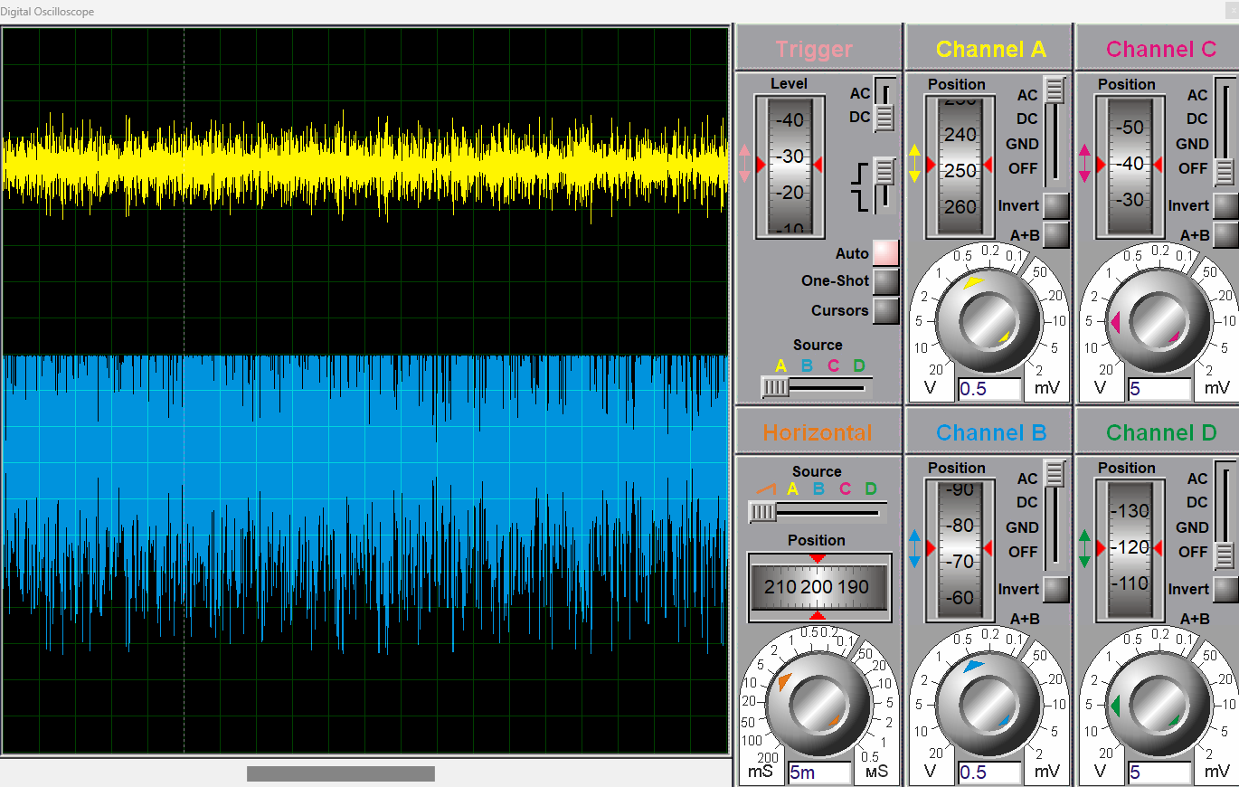 Output and input waveforms of high gain audio amplifier with LM386 with adjustable gain of 200