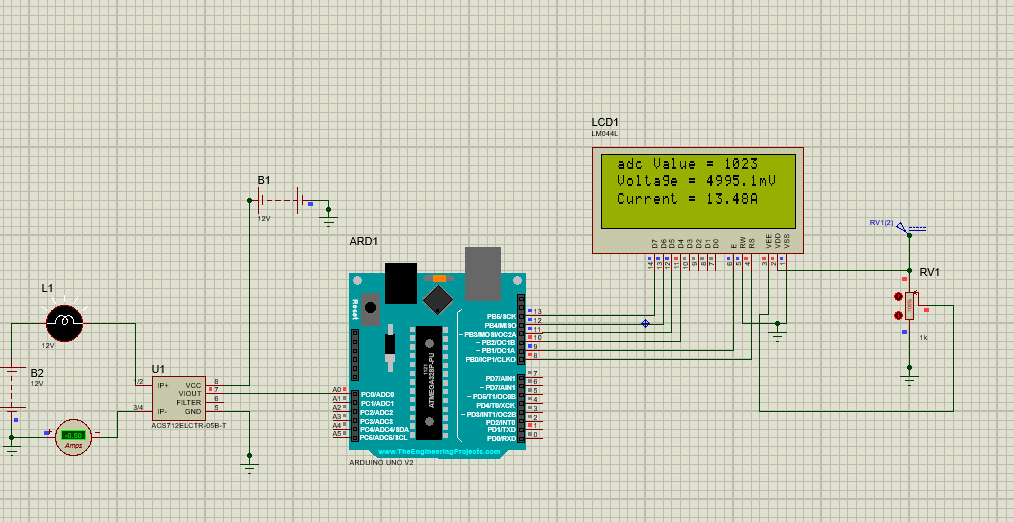 Current measuring circuit showing output and displayed on the LCD using ACS712