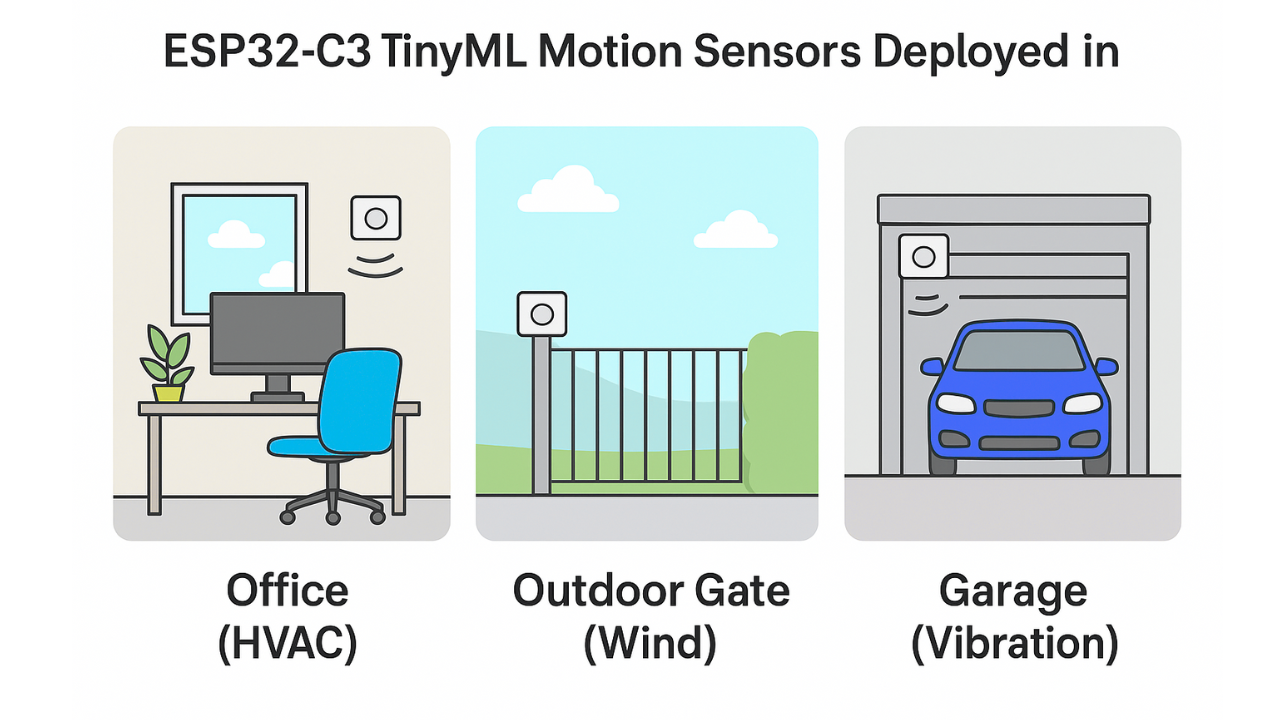 ESP32-C3 TinyML motion sensors deployed in office (HVAC), outdoor gate (wind), garage (vibration)