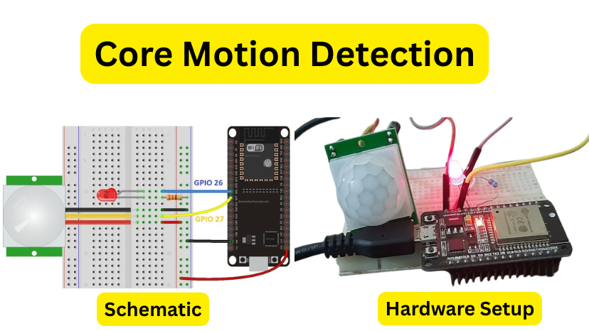 ESP32 Motion Sensor Tutorial schematic and hardware setup