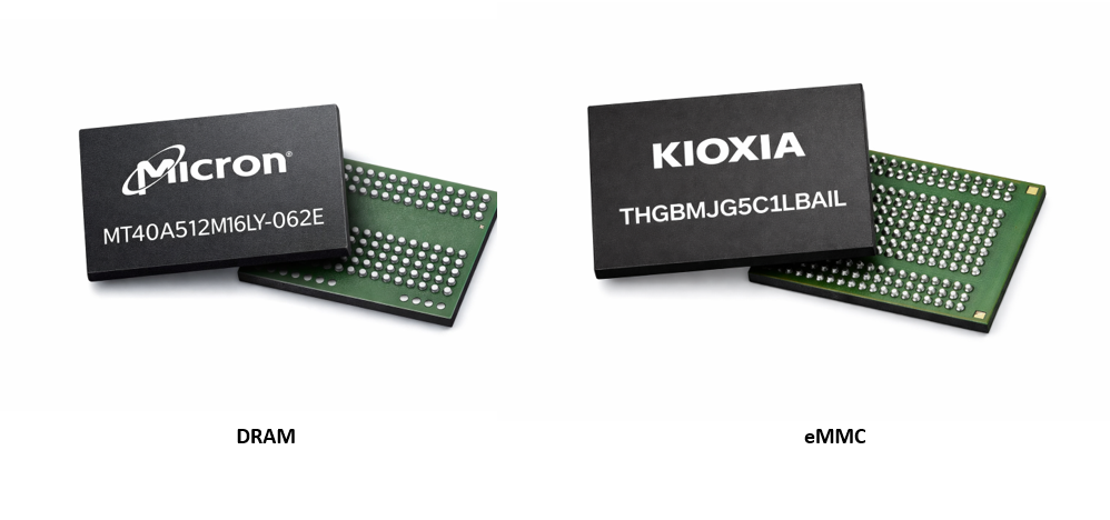 DRAM modules micron  MT40A512M16LY-062E IT and THGBMJG5C1LBAIL kioxia 