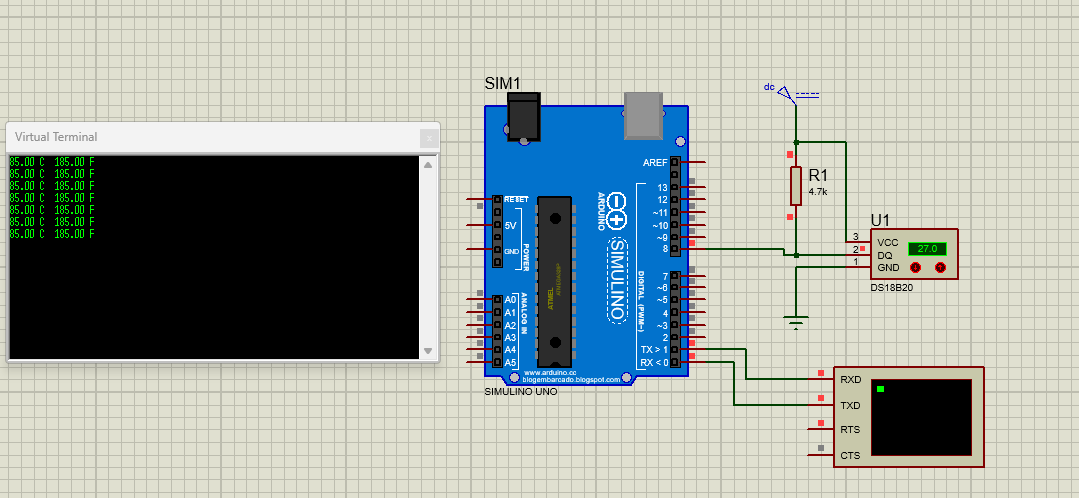 Proteus simulation of DS18B20 with Arduino UNO