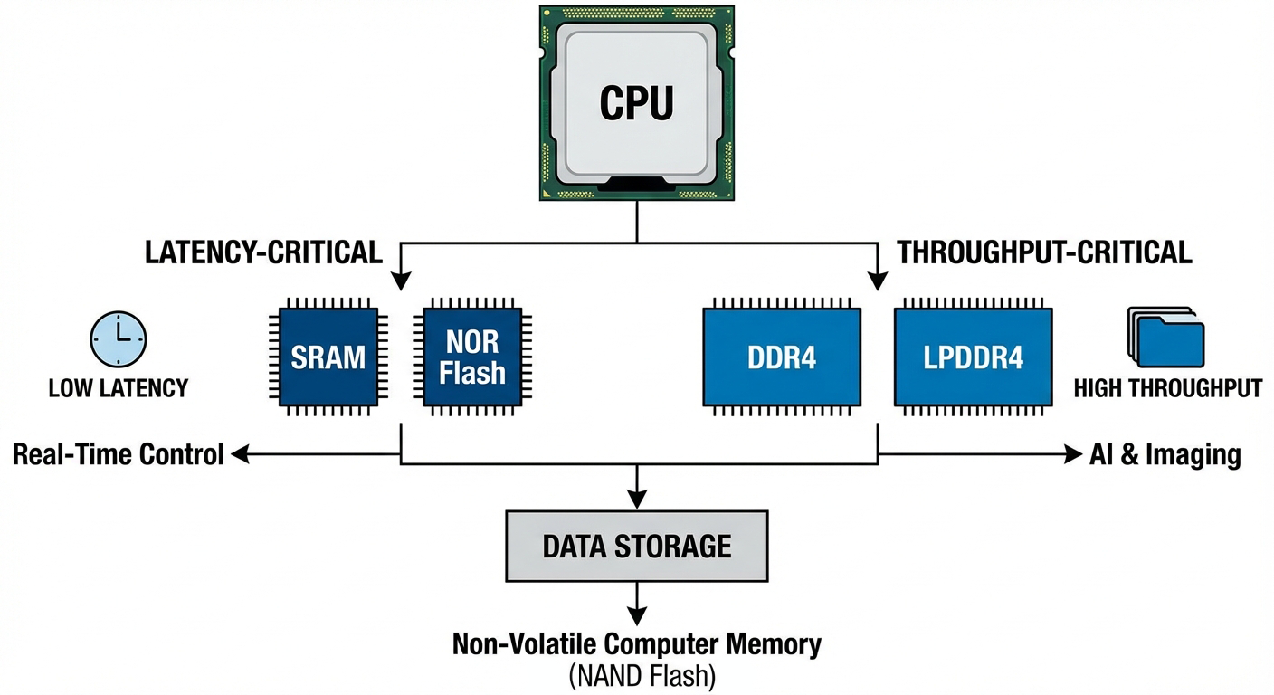 Diagram comparing latency-critical SRAM and NOR Flash against throughput-critical DDR4 and LPDDR4 memory.