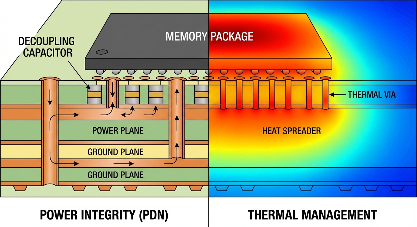 Cross-section diagram of a memory package showing thermal vias transferring heat to internal PCB planes.