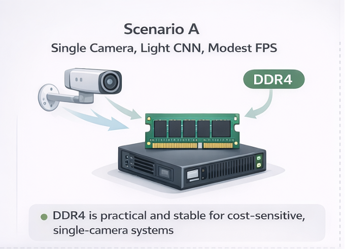 Scenario A: Single camera, light CNN, modest FPS (DDR4 often enough)