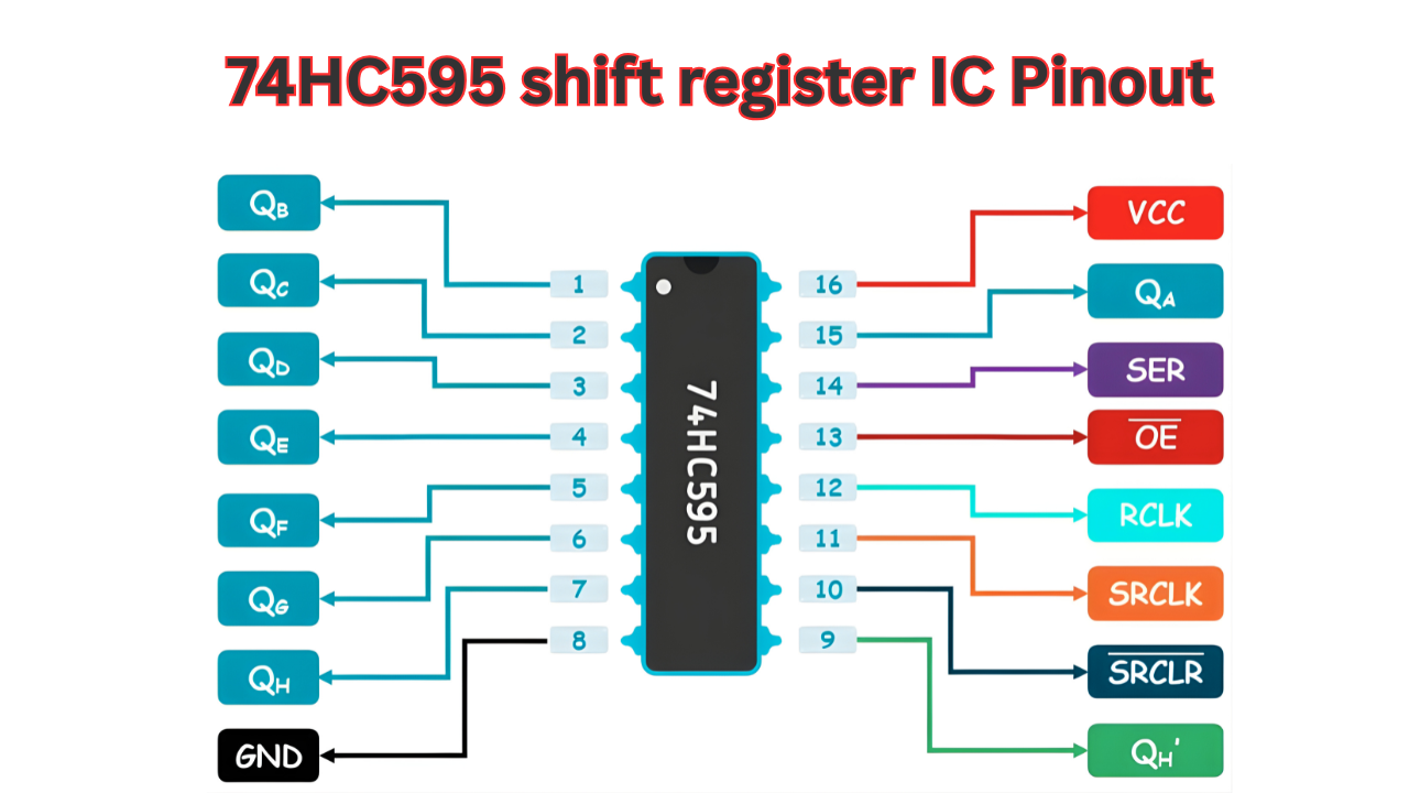 74HC595 shift register IC Pinout