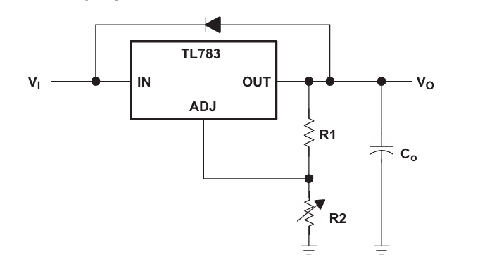 Typical circuit diagram of TL783 with external resistors 