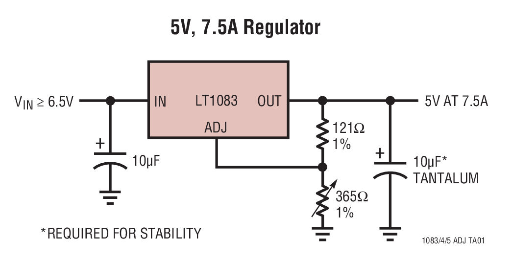 LT1083 adjustable LDO with 5V/7.5A output