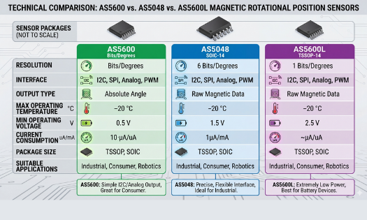 AS5600 vs AS5048 vs AS5600L — Comparative Specification Analysis