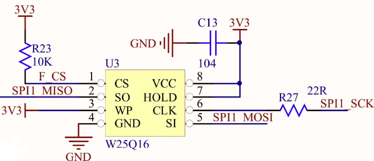 W25Q16 SPI Flash circuit diagram with microcontroller