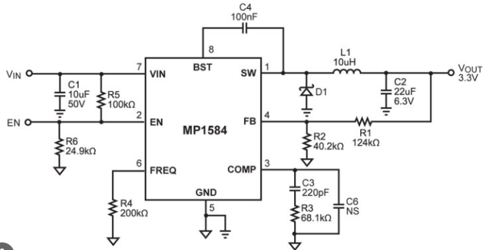 Pinout and external circuit of DC-DC Converter MP1584