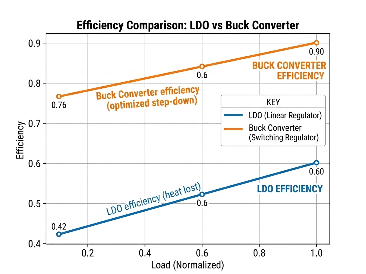 LDO vs buck converter efficiency comparison graph
