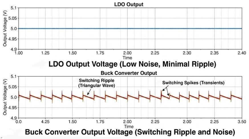 Output voltag comparison of an LDO and Buck converter