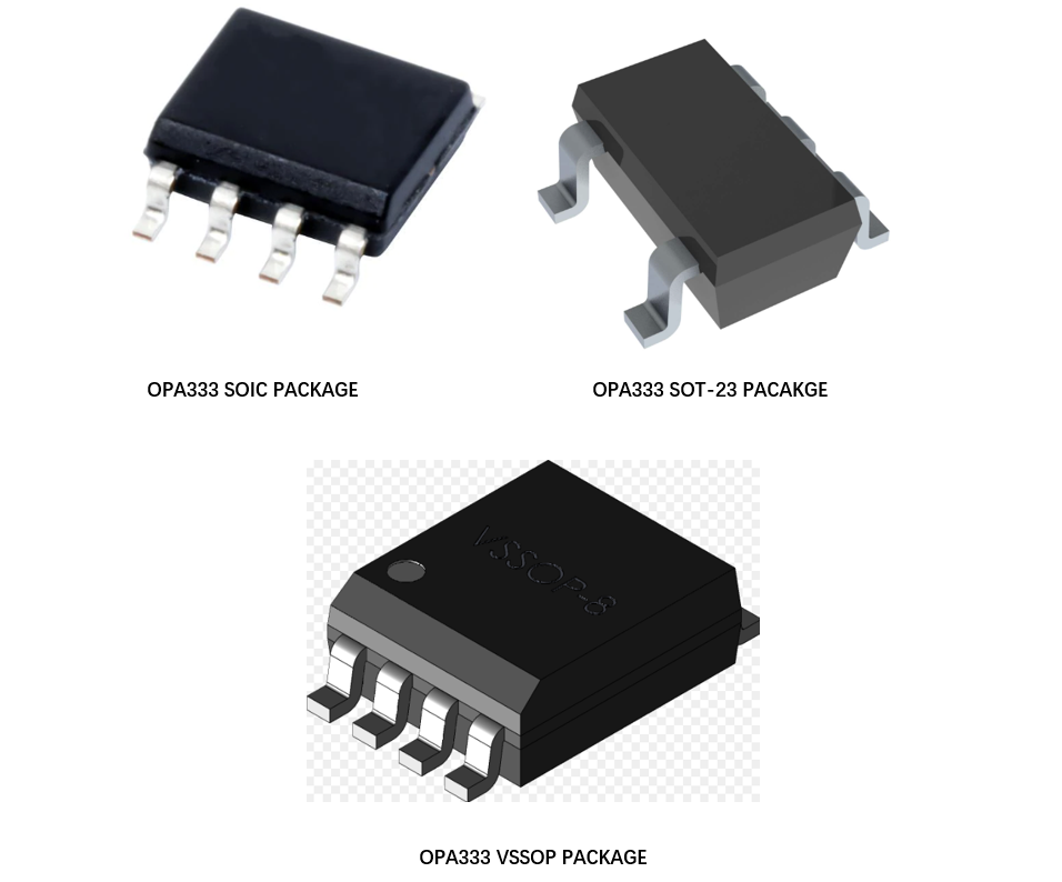 Operational amplifier OPA333 typical packages (SOIC, SOT-23 and VSSOP)