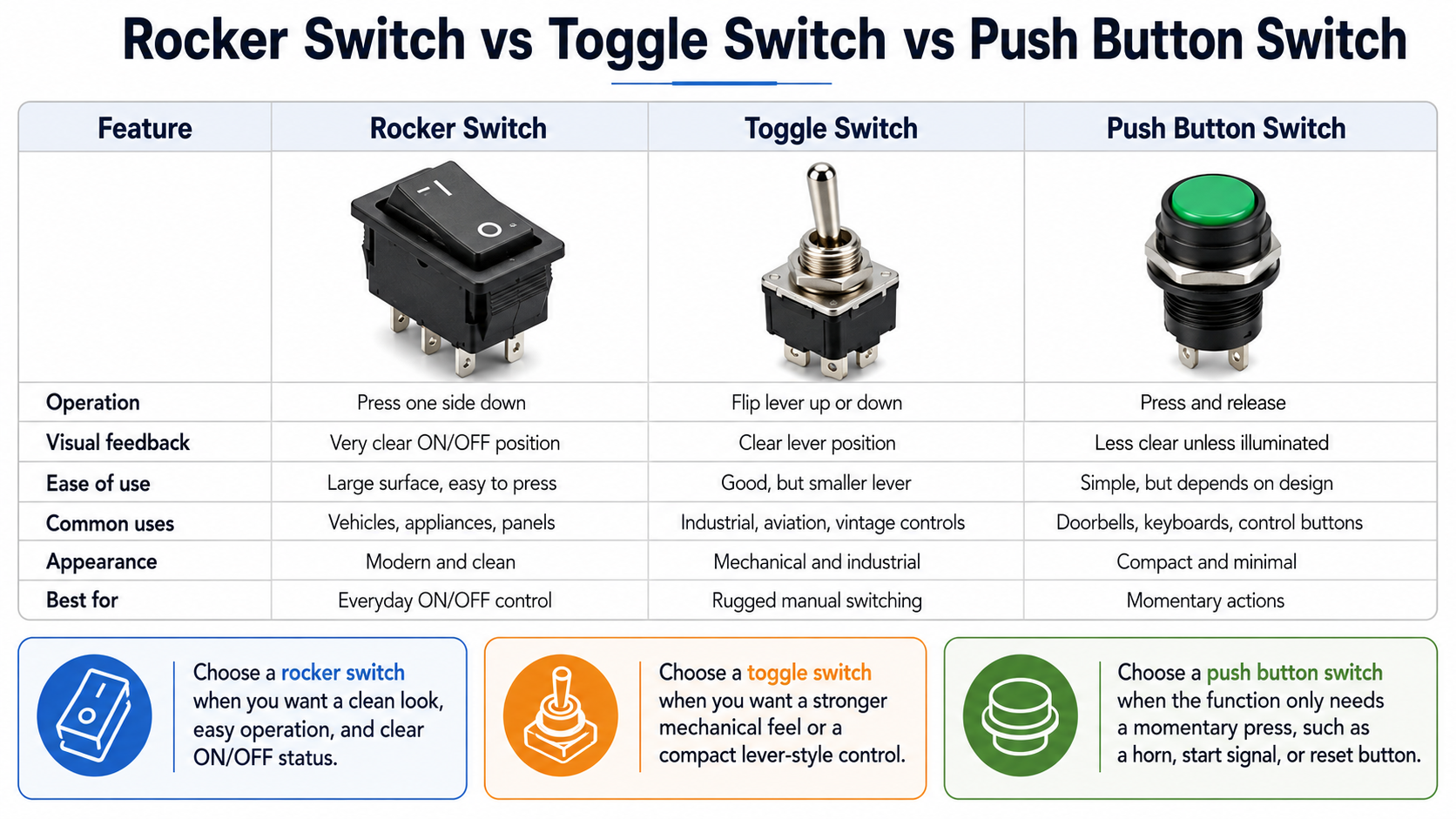 Rocker vs Toggle vs Push Switch