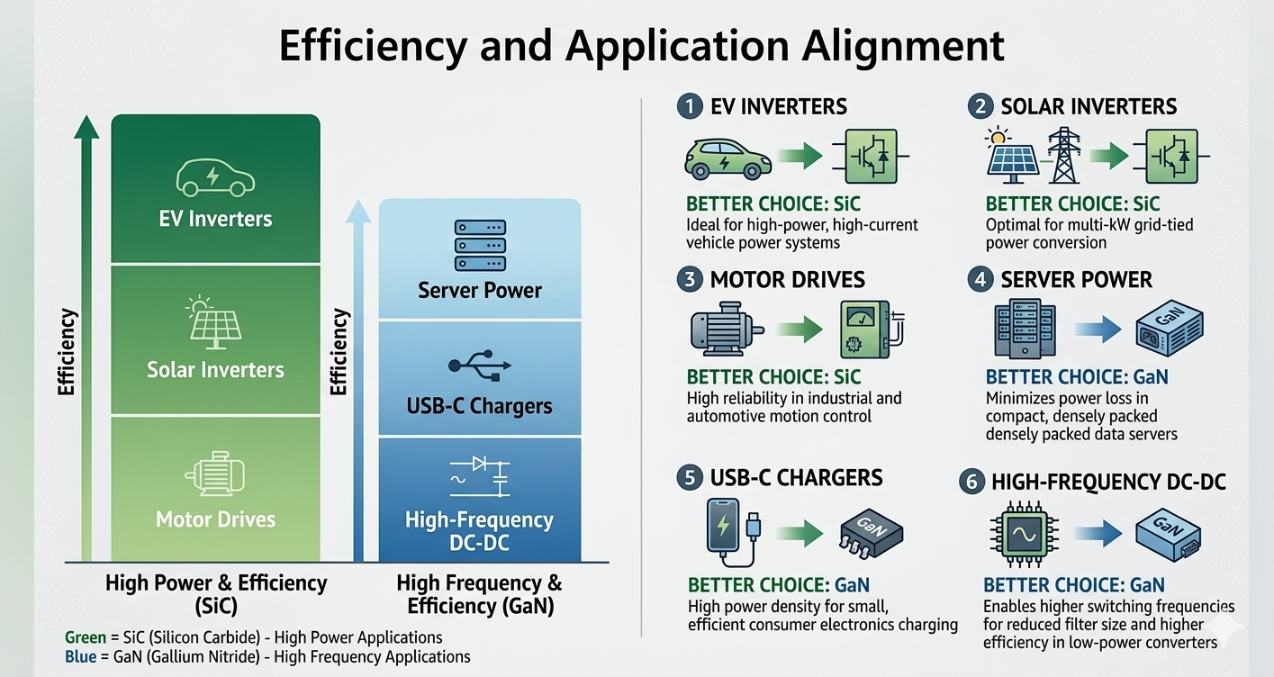 GaN vs SiC Efficiency comparison by application 