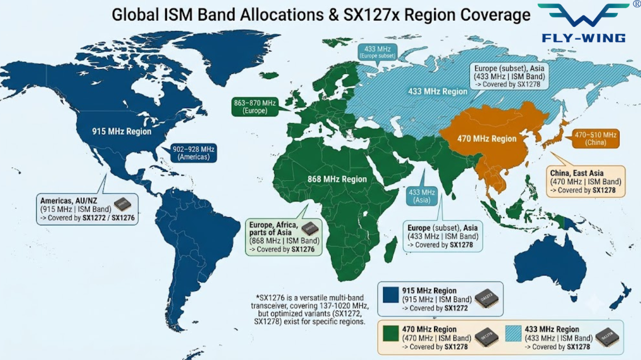 World map showing regional ISM band allocations for LoRa: 433 MHz Asia, 
868 MHz Europe, 915 MHz Americas and Australia, 470 MHz China