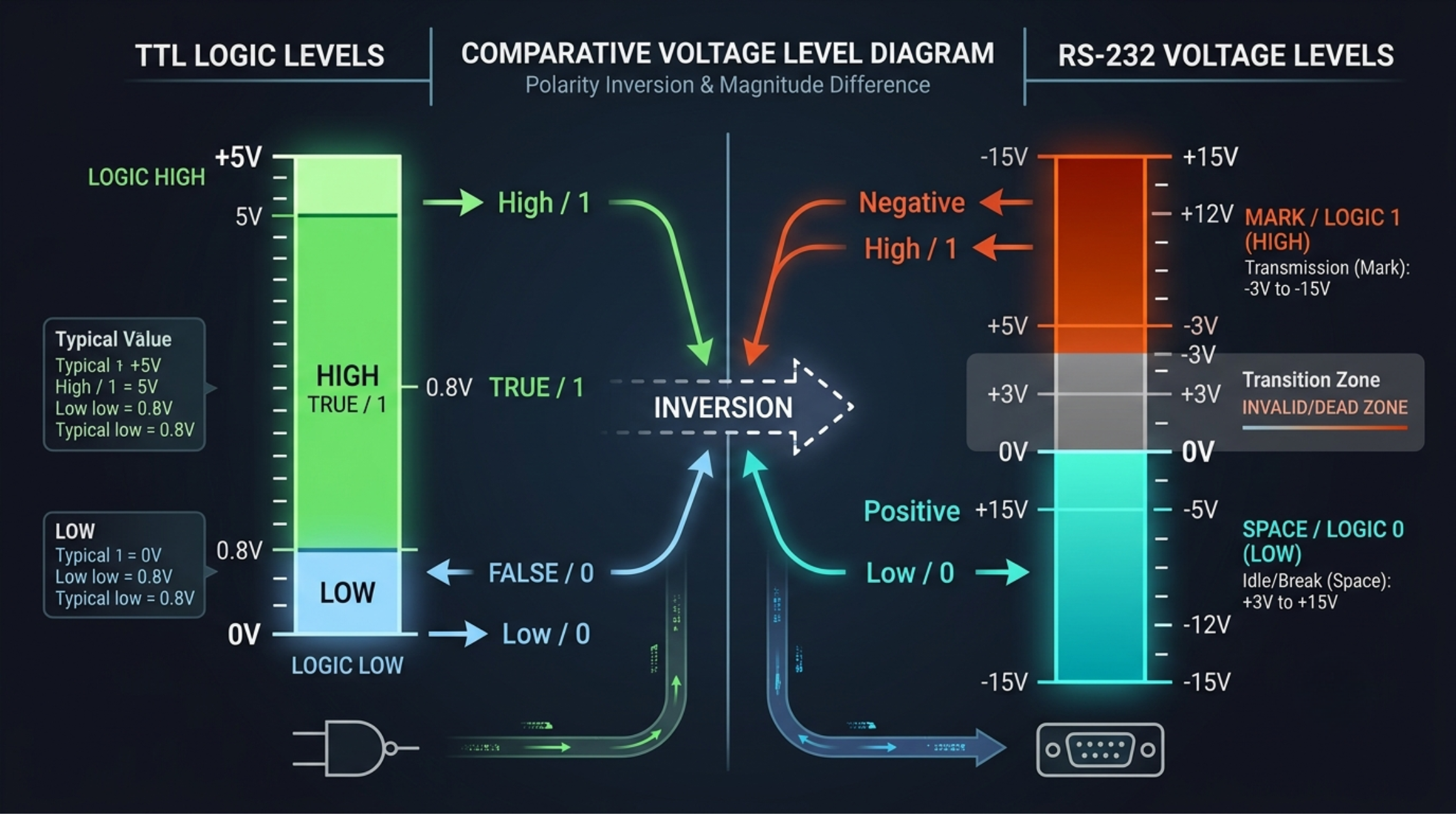 MAX232 TTL to RS-232 voltage level conversion diagram showing logic inversion