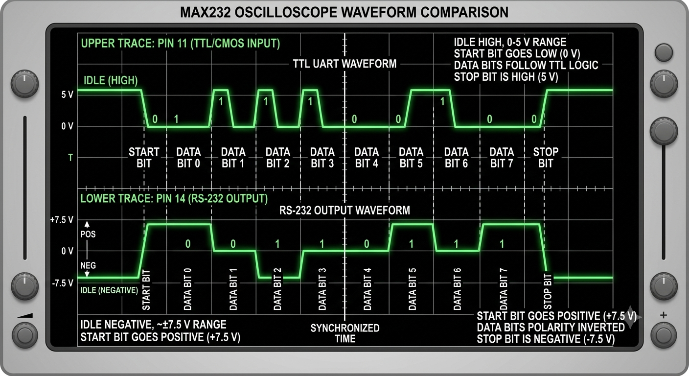 MAX232 oscilloscope waveform comparison showing TTL UART signal at pin 11 and inverted RS-232 output signal at pin 14 with voltage level conversion
