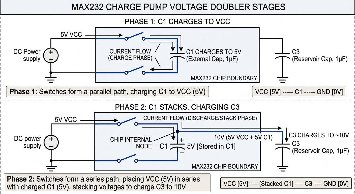 MAX232 charge pump voltage doubler circuit showing capacitor charging and voltage stacking phases