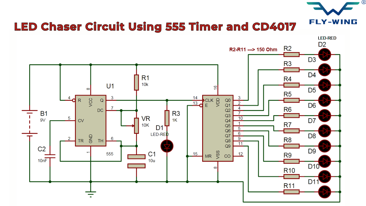 LED chaser circuit using 555 timer and CD4017 decade counter with ten sequential LED outputs.