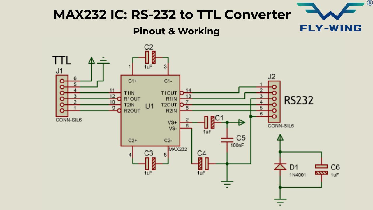 MAX232 IC RS-232 to TTL converter pinout and working circuit diagram