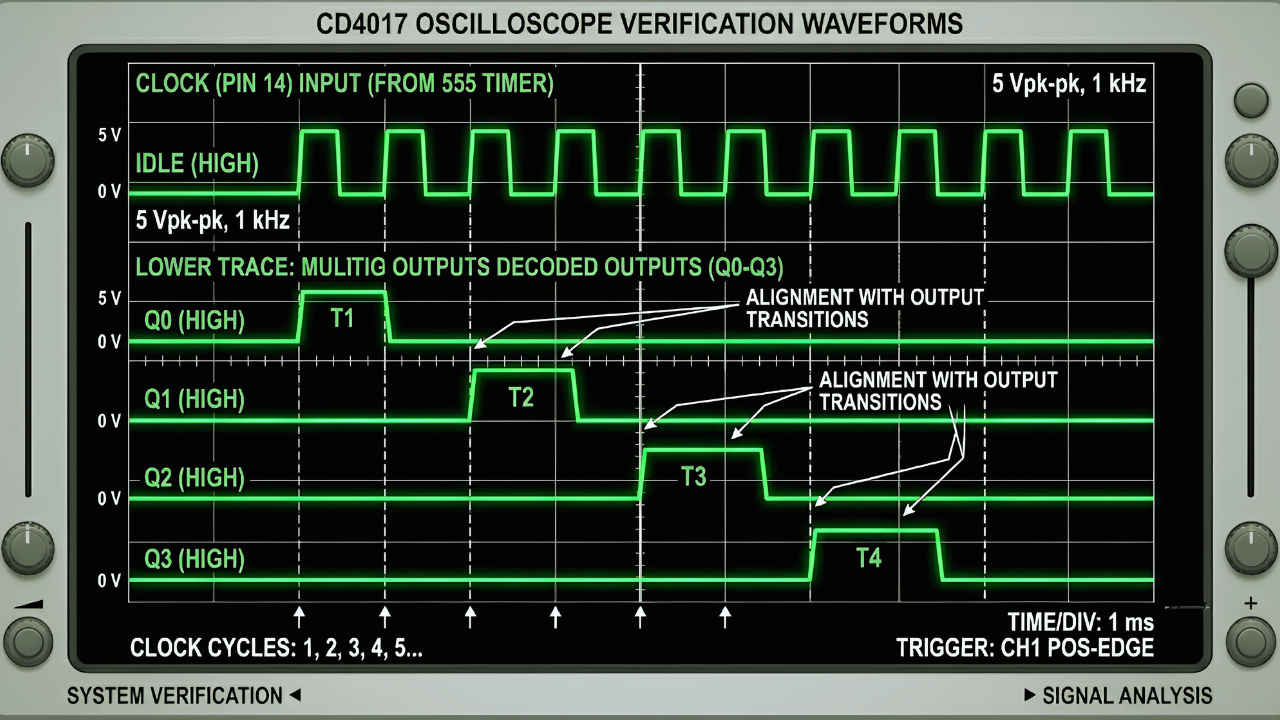 CD4017 decade counter IC oscilloscope verification waveforms showing clock input and sequential output transitions Q0–Q3.