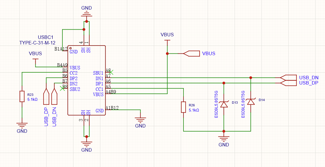 USB TYPE C circuit with CC1 and CC2 resistors