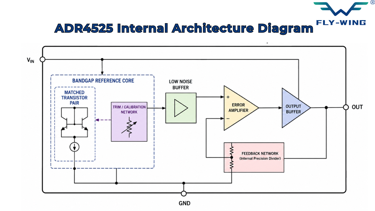ADR4525 internal architecture diagram illustrating the precision voltage reference core, amplifier, output buffer, trimming network, and protection circuitry for stable 2.5V reference output.