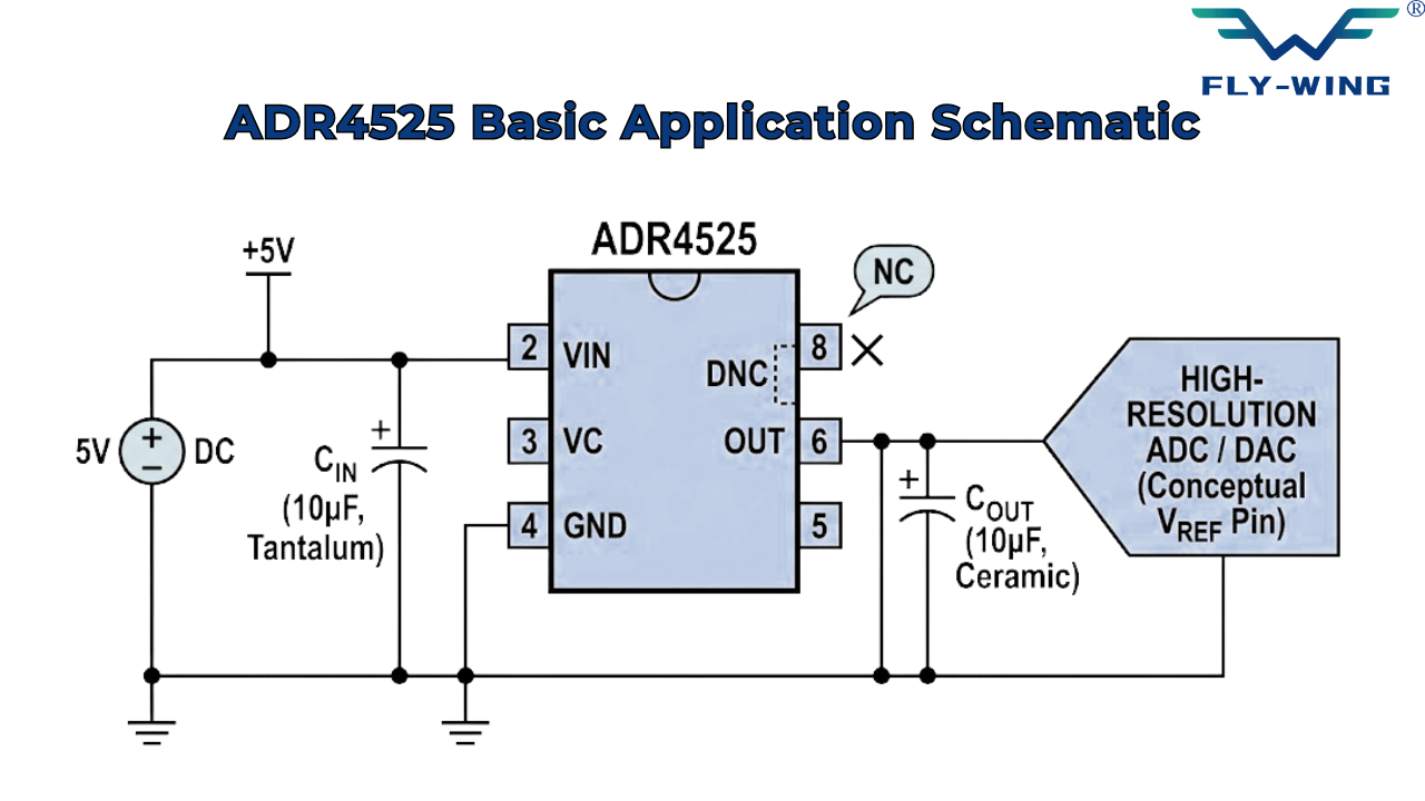 ADR4525 basic application schematic with bypass capacitor and output load connection