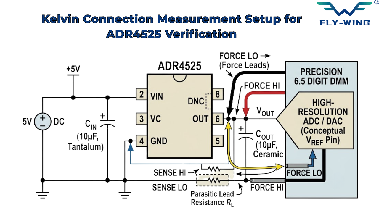 Kelvin connection four-wire measurement setup for ADR4525 voltage reference verification