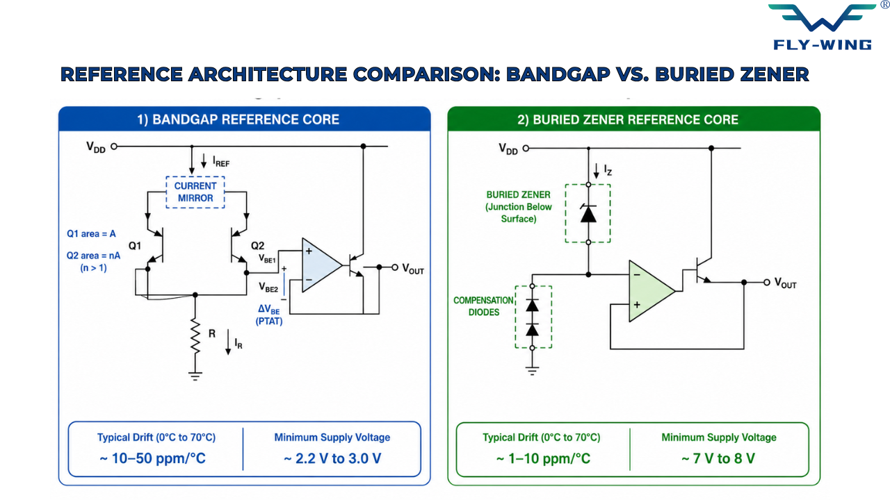 Comparison of Bandgap and Buried Zener voltage reference architectures